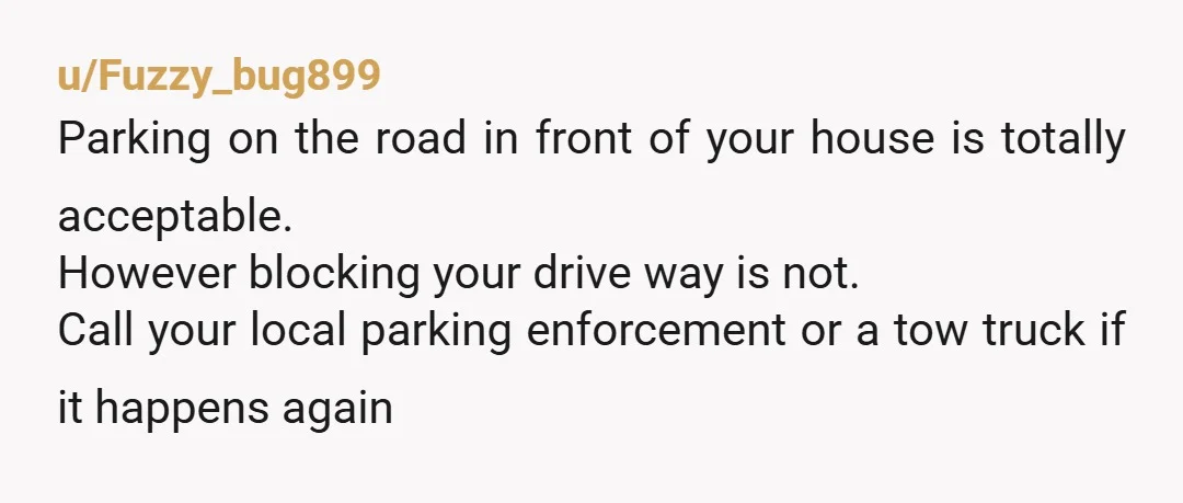 u/Fuzzy_bug899 Parking on the road in front of your house is totally acceptable. However blocking your drive way is not. Call your local parking enforcement or a tow truck if...