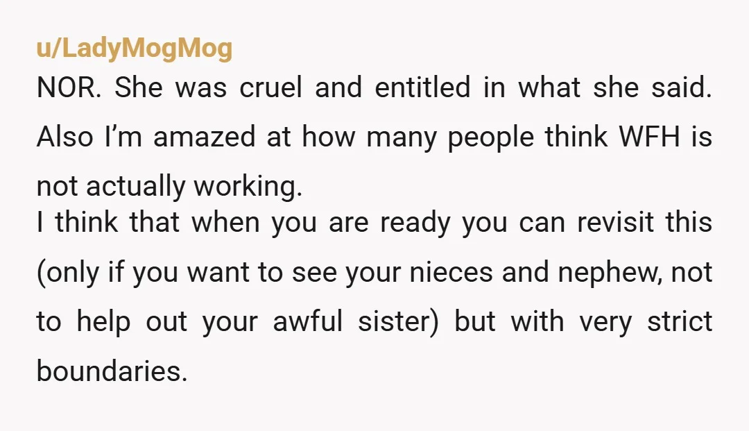 u/LadyMogMog NOR. She was cruel and entitled in what she said. Also I’m amazed at how many people think WFH is not actually working. I think that when you are...