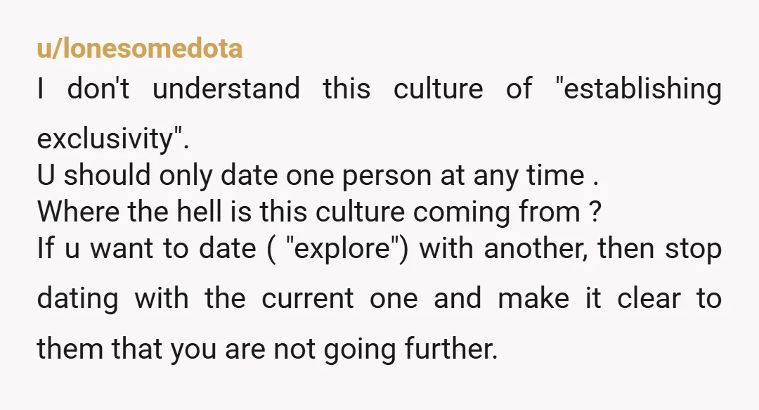 u/lonesomedota I don't understand this culture of "establishing exclusivity". U should only date one person at any time . Where the hell is this culture coming from ? If u...