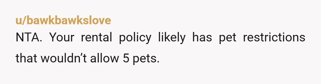 u/bawkbawkslove
NTA. Your rental policy likely has pet restrictions that wouldn’t allow 5 pets.