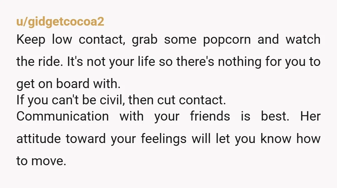 u/gidgetcocoa2 Keep low contact, grab some popcorn and watch the ride. It's not your life so there's nothing for you to get on board with. If you can't be civil,...
