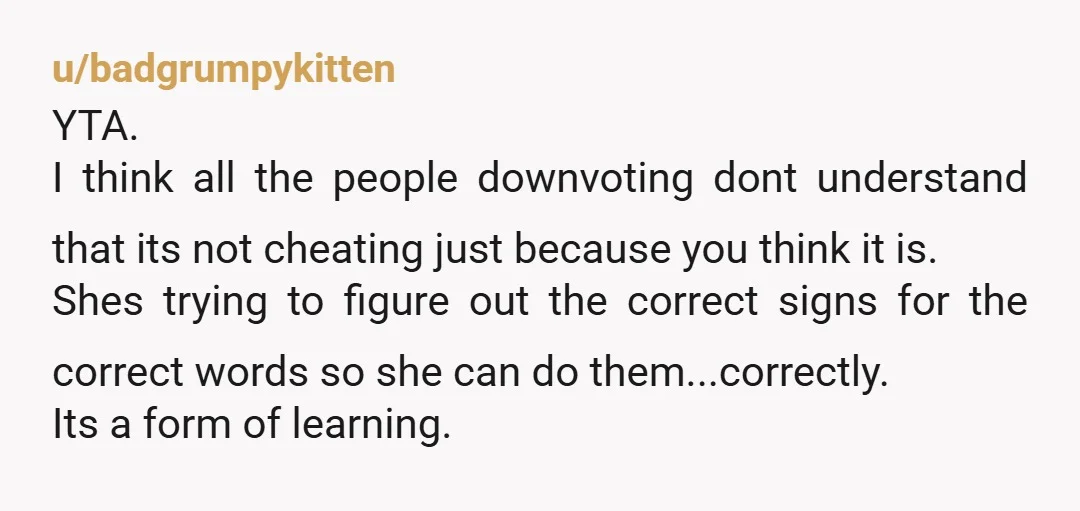 u/badgrumpykitten YTA. I think all the people downvoting dont understand that its not cheating just because you think it is. Shes trying to figure out the correct signs for the...