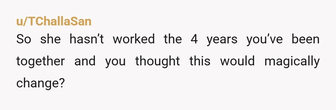u/TChallaSan
So she hasn’t worked the 4 years you’ve been together and you thought this would magically change?