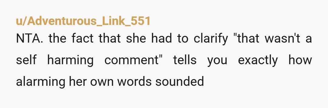 u/Adventurous_Link_551
NTA. the fact that she had to clarify "that wasn't a self harming comment" tells you exactly how alarming her own words sounded