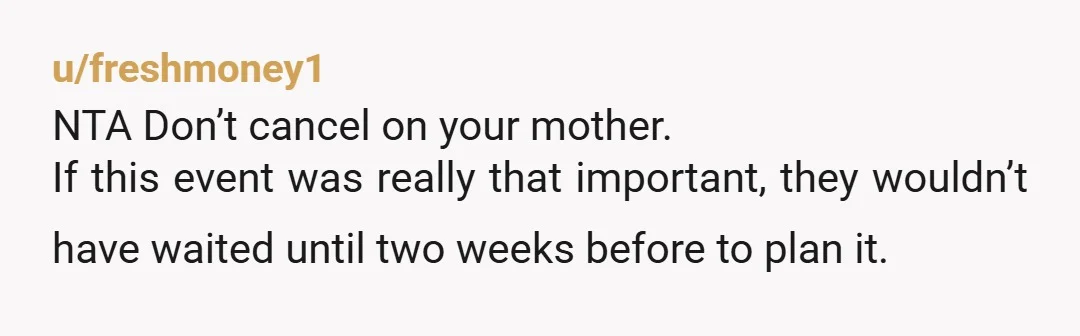 u/freshmoney1
NTA Don’t cancel on your mother.
If this event was really that important, they wouldn’t have waited until two weeks before to plan it.