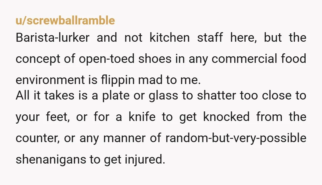 u/screwballramble Barista-lurker and not kitchen staff here, but the concept of open-toed shoes in any commercial food environment is flippin mad to me. All it takes is a plate or...