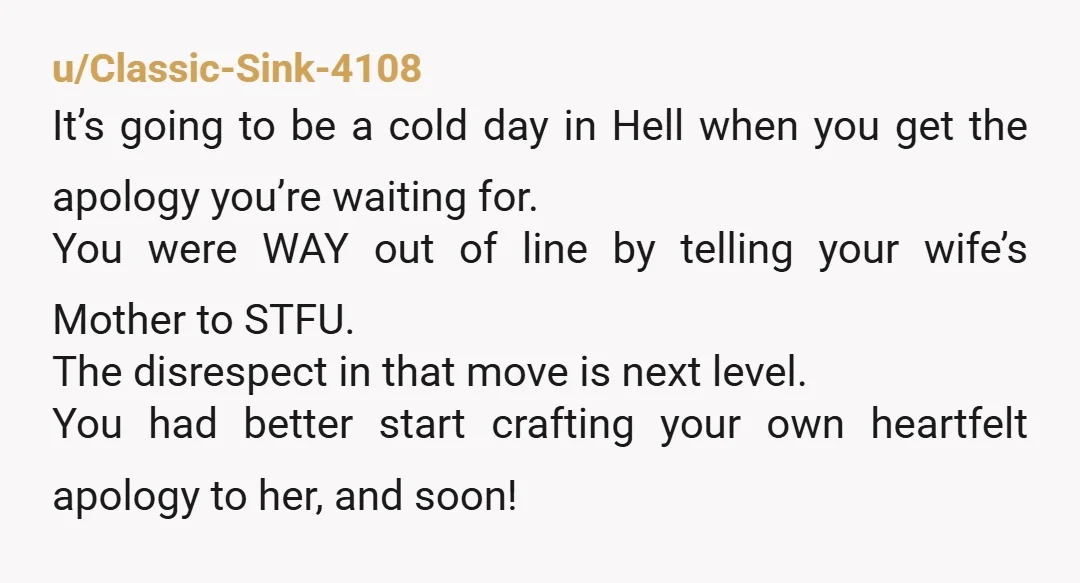 u/Classic-Sink-4108 It’s going to be a cold day in Hell when you get the apology you’re waiting for. You were WAY out of line by telling your wife’s Mother to...