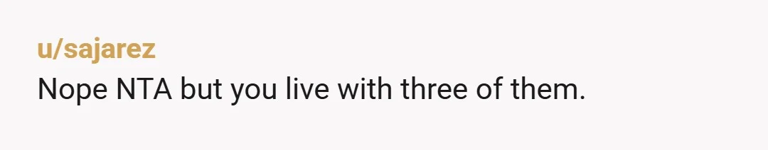 u/sajarez
Nope NTA but you live with three of them.