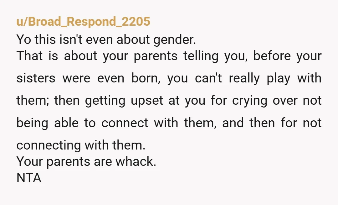 u/Broad_Respond_2205 Yo this isn't even about gender. That is about your parents telling you, before your sisters were even born, you can't really play with them; then getting upset at...