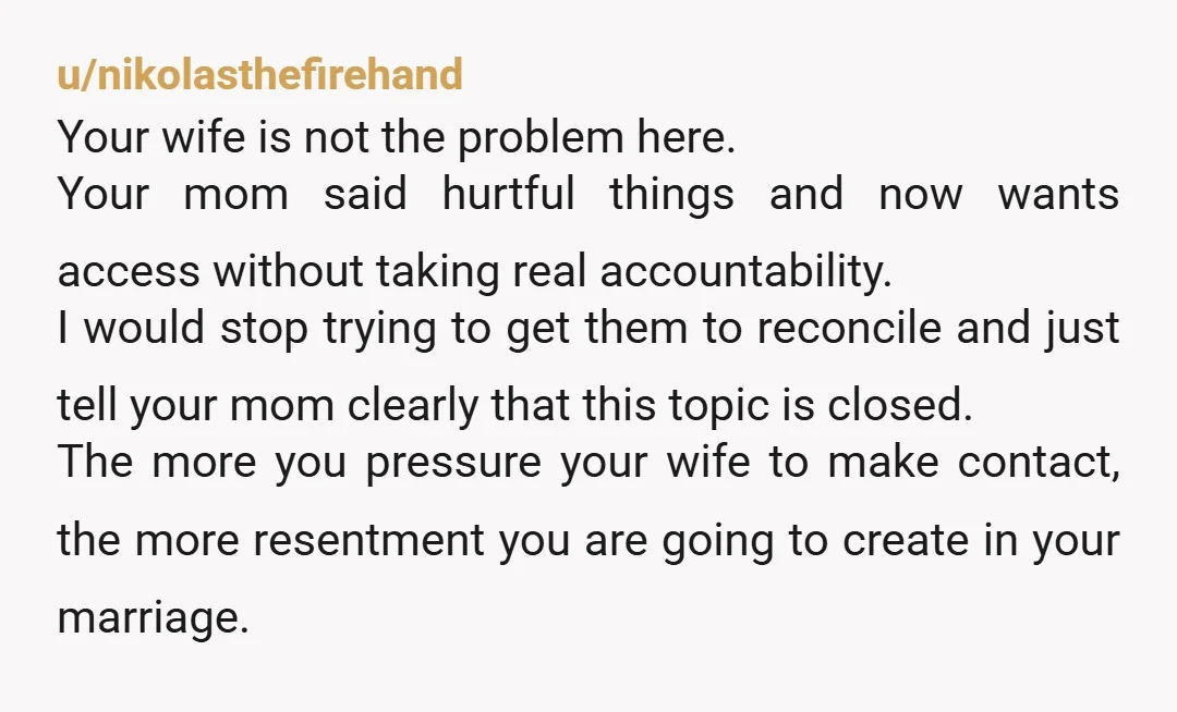 u/nikolasthefirehand Your wife is not the problem here. Your mom said hurtful things and now wants access without taking real accountability. I would stop trying to get them to reconcile...