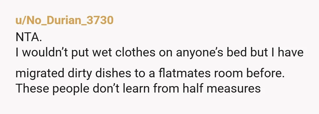 u/No_Durian_3730 NTA. I wouldn’t put wet clothes on anyone’s bed but I have migrated dirty dishes to a flatmates room before. These people don’t learn from half measures