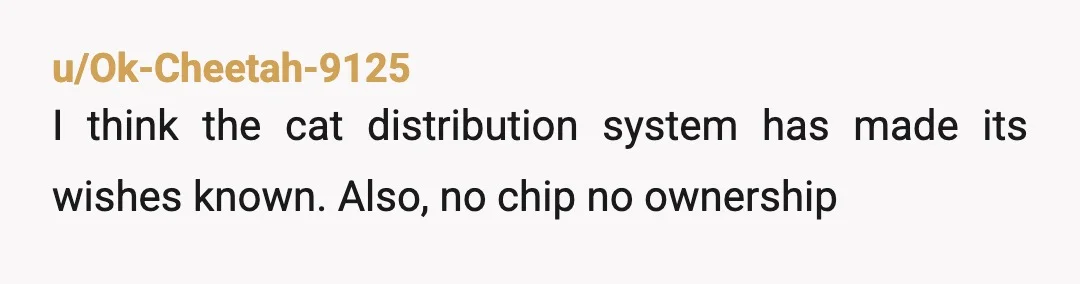 u/Ok-Cheetah-9125
I think the cat distribution system has made its wishes known. Also, no chip no ownership