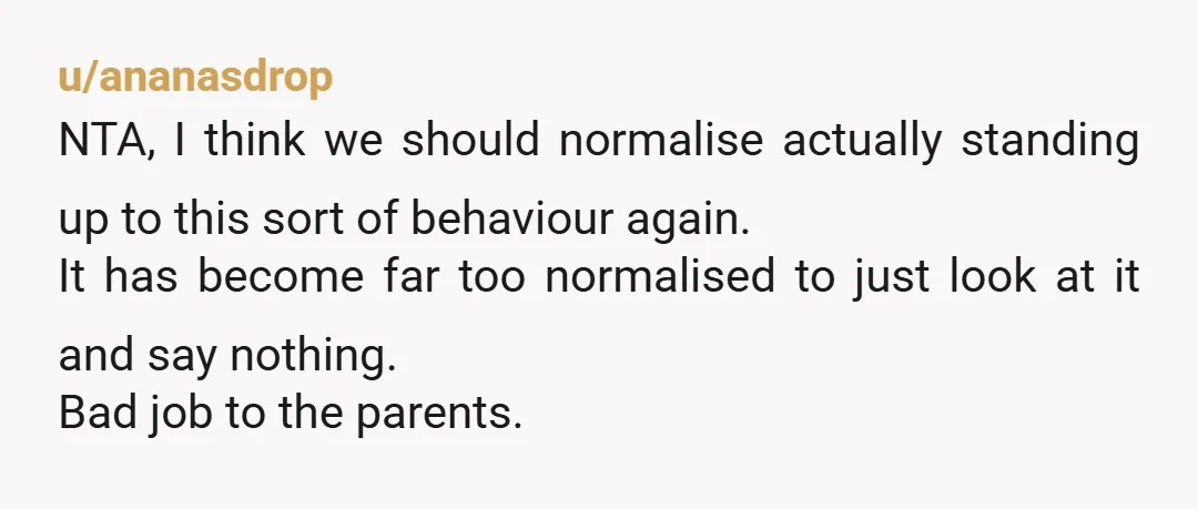 u/ananasdrop NTA, I think we should normalise actually standing up to this sort of behaviour again. It has become far too normalised to just look at it and say nothing....