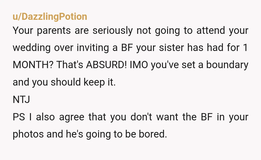u/carlosmurphynachos NTJ, your parents are trying to manipulate you by withholding their presence. Continue to call their bluff. You’re right-it’s your wedding and you shouldn’t have some random bf of...