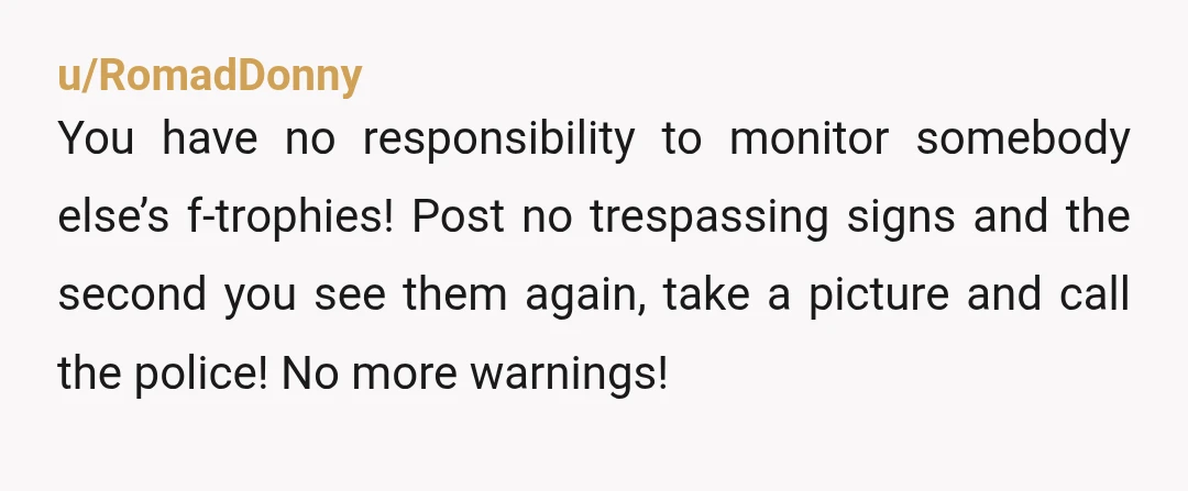 u/tubbamalub
You don’t have “issues with kids.” You have issues with people coming uninvited onto your property, especially when they start messing with your personal belongings.
NTA.