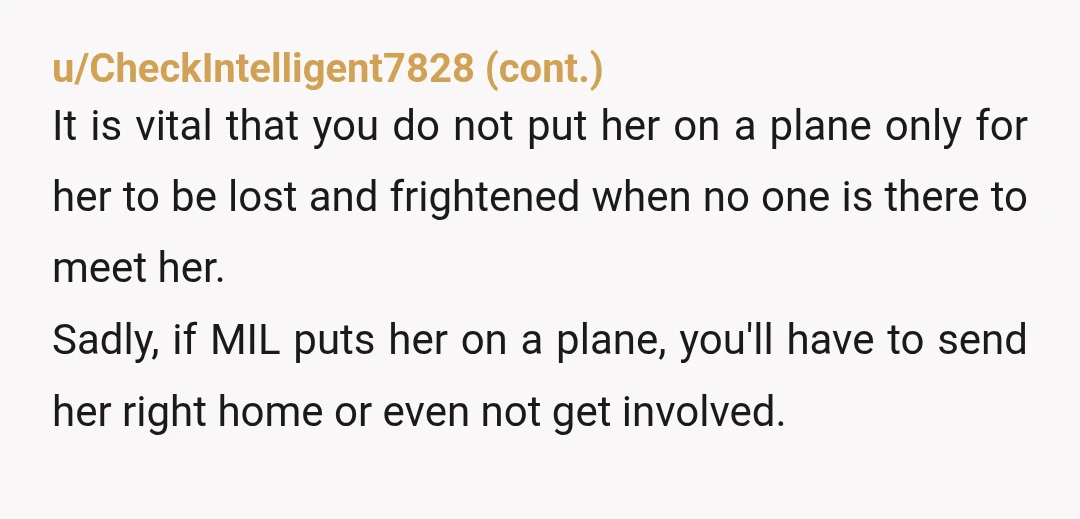u/Creepy-Handle-6789 NTA. Your MIL is being nasty on purpose. You have warned her clearly about the timing of the flights and she simply doesn't care or is just being downright...