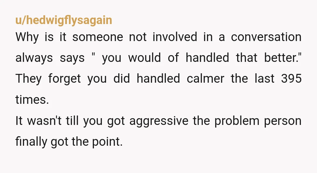 u/hedwigflysagain Why is it someone not involved in a conversation always says " you would of handled that better." They forget you did handled calmer the last 395 times. It...