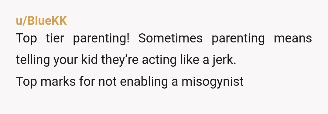 u/BlueKK
Top tier parenting! Sometimes parenting means telling your kid they’re acting like a jerk.
Top marks for not enabling a misogynist