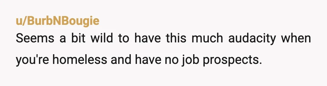 u/BurbNBougie
Seems a bit wild to have this much audacity when you're homeless and have no job prospects.