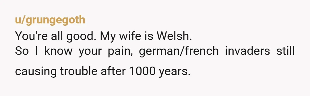 u/grungegoth You're all good. My wife is Welsh. So I know your pain, german/french invaders still causing trouble after 1000 years.