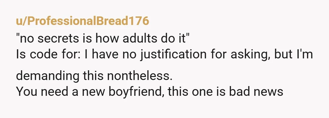 u/ProfessionalBread176 "no secrets is how adults do it" Is code for: I have no justification for asking, but I'm demanding this nontheless. You need a new boyfriend, this one is...
