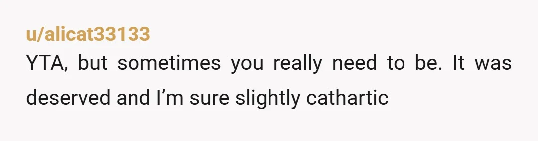 u/alicat33133 YTA, but sometimes you really need to be. It was deserved and I’m sure slightly cathartic