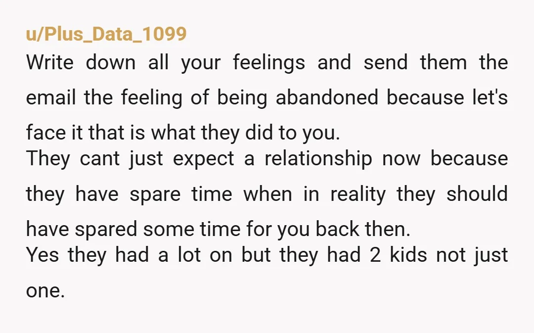 u/Plus_Data_1099 Write down all your feelings and send them the email the feeling of being abandoned because let's face it that is what they did to you. They cant just...