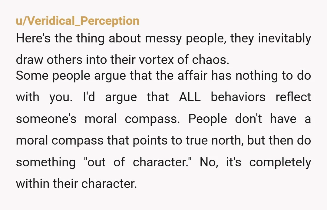 u/Veridical_Perception Here's the thing about messy people, they inevitably draw others into their vortex of chaos. Some people argue that the affair has nothing to do with you. I'd argue...