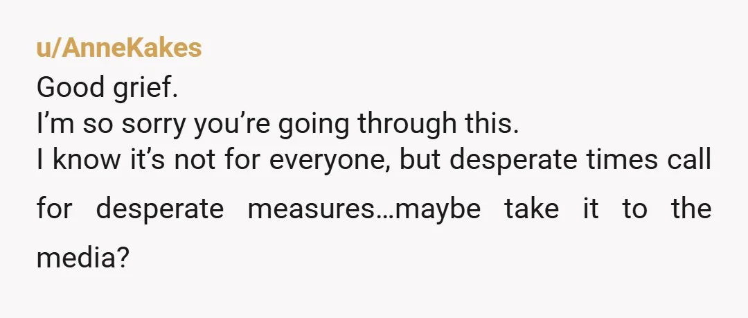 u/AnneKakes Good grief. I’m so sorry you’re going through this. I know it’s not for everyone, but desperate times call for desperate measures…maybe take it to the media? There was...