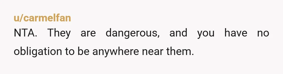 u/carmelfan
NTA.  They are dangerous, and you have no obligation to be anywhere near them.