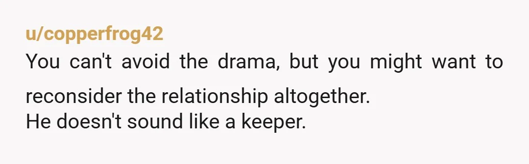 u/copperfrog42
You can't avoid the drama, but you might want to reconsider the relationship altogether.
He doesn't sound like a keeper.