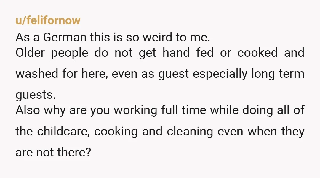u/felifornow As a German this is so weird to me. Older people do not get hand fed or cooked and washed for here, even as guest especially long term guests....