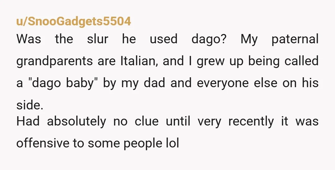u/SnooGadgets5504 Was the slur he used dago? My paternal grandparents are Italian, and I grew up being called a "dago baby" by my dad and everyone else on his side....