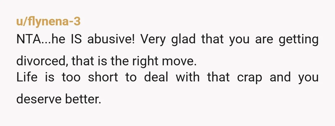 u/flynena-3 NTA...he IS abusive! Very glad that you are getting divorced, that is the right move. Life is too short to deal with that crap and you deserve better. I...