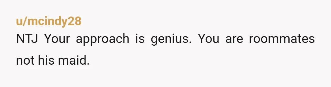 u/mcindy28 NTJ Your approach is genius. You are roommates not his maid.