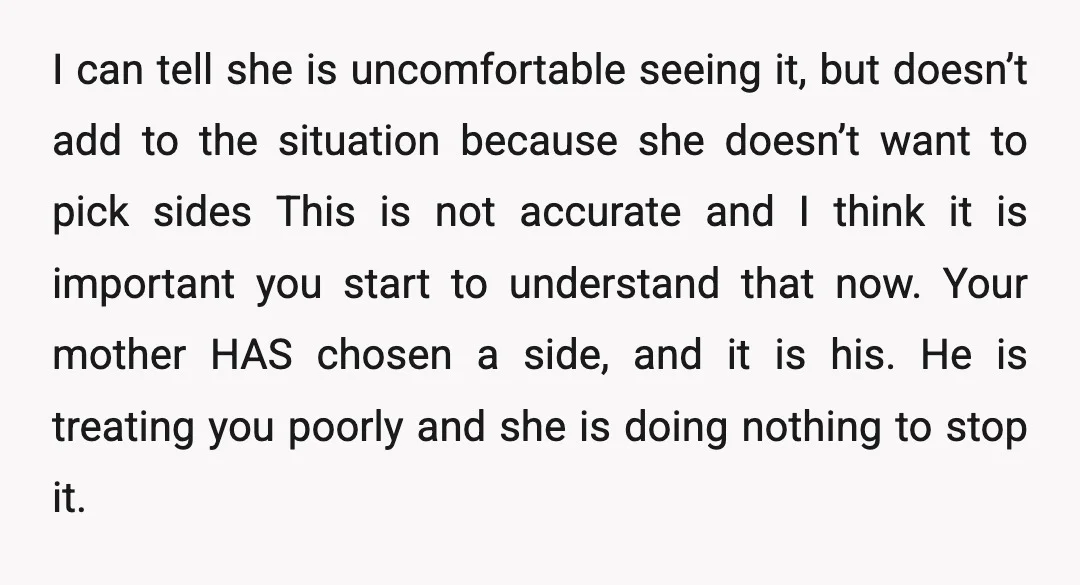 I can tell she is uncomfortable seeing it, but doesn’t add to the situation because she doesn’t want to pick sides This is not accurate and I think it is...