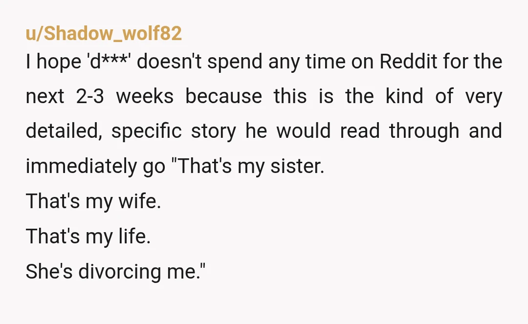u/Shadow_wolf82 I hope 'd***' doesn't spend any time on Reddit for the next 2-3 weeks because this is the kind of very detailed, specific story he would read through and...