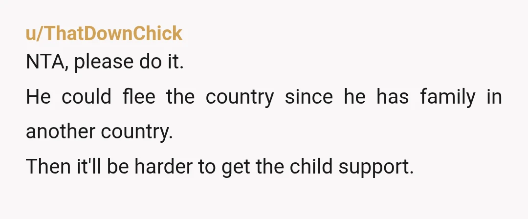 u/ThatDownChick
NTA, please do it.
He could flee the country since he has family in another country.
Then it'll be harder to get the child support.