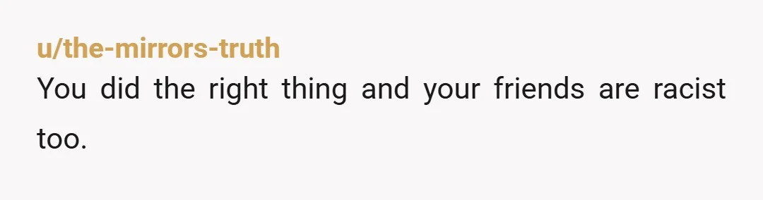 u/the-mirrors-truth
You did the right thing and your friends are racist too.