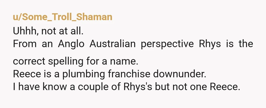 u/Some_Troll_Shaman Uhhh, not at all. From an Anglo Australian perspective Rhys is the correct spelling for a name. Reece is a plumbing franchise downunder. I have know a couple of...