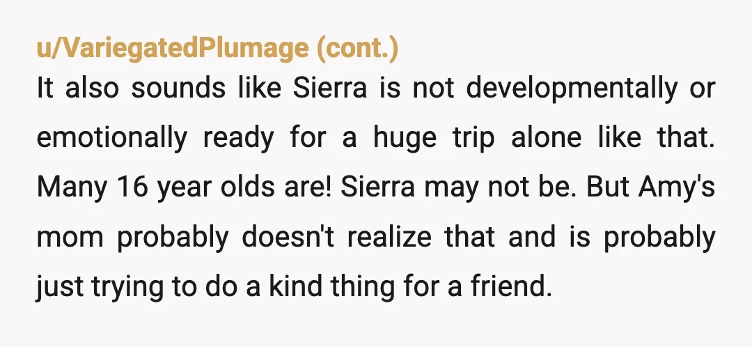 u/LiveKindly01 That's a tough one. She's definitely old enough to fly, however.... 1 - Will she be staying at the home of the 12-yo girl? 2 - Talking to the...