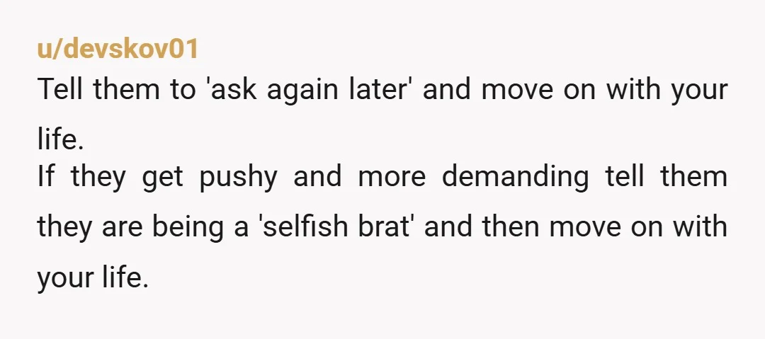 u/devskov01 Tell them to 'ask again later' and move on with your life. If they get pushy and more demanding tell them they are being a 'selfish brat' and then...