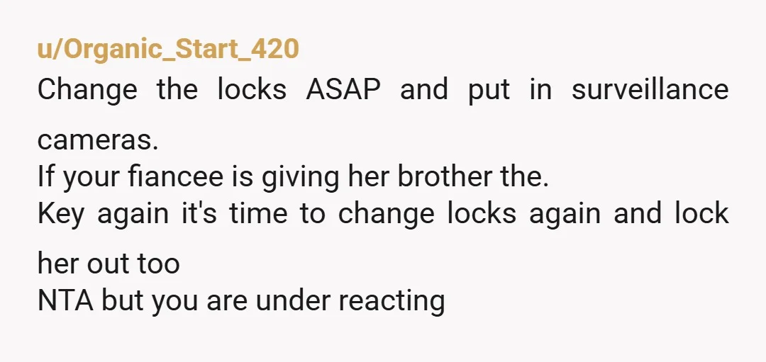 u/Organic_Start_420 Change the locks ASAP and put in surveillance cameras. If your fiancee is giving her brother the. Key again it's time to change locks again and lock her out...