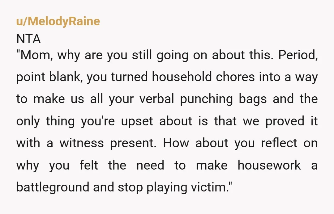 u/MelodyRaine NTA "Mom, why are you still going on about this. Period, point blank, you turned household chores into a way to make us all your verbal punching bags and...