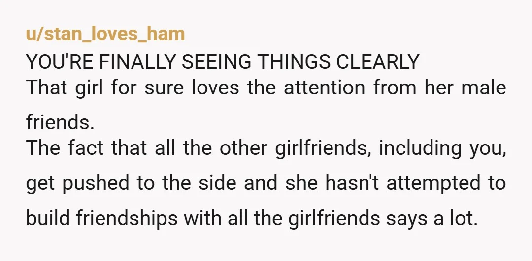 u/stan_loves_ham YOU'RE FINALLY SEEING THINGS CLEARLY That girl for sure loves the attention from her male friends. The fact that all the other girlfriends, including you, get pushed to the...