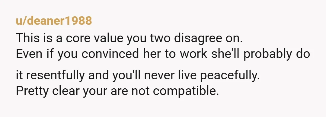 u/deaner1988 This is a core value you two disagree on. Even if you convinced her to work she'll probably do it resentfully and you'll never live peacefully. Pretty clear your...