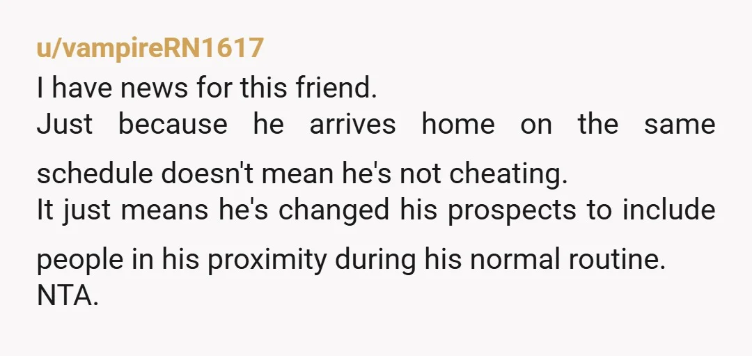 u/vampireRN1617 I have news for this friend. Just because he arrives home on the same schedule doesn't mean he's not cheating. It just means he's changed his prospects to include...