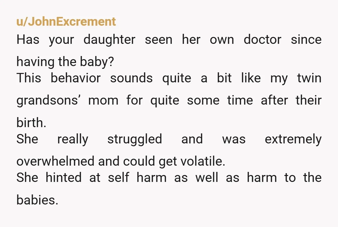 u/JohnExcrement Has your daughter seen her own doctor since having the baby? This behavior sounds quite a bit like my twin grandsons’ mom for quite some time after their birth....