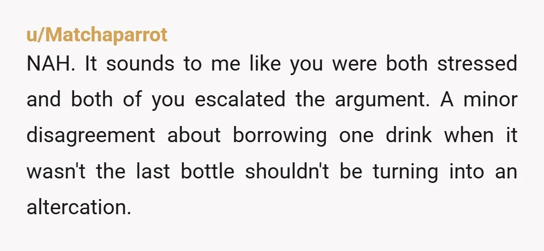 u/Matchaparrot NAH. It sounds to me like you were both stressed and both of you escalated the argument. A minor disagreement about borrowing one drink when it wasn't the last...