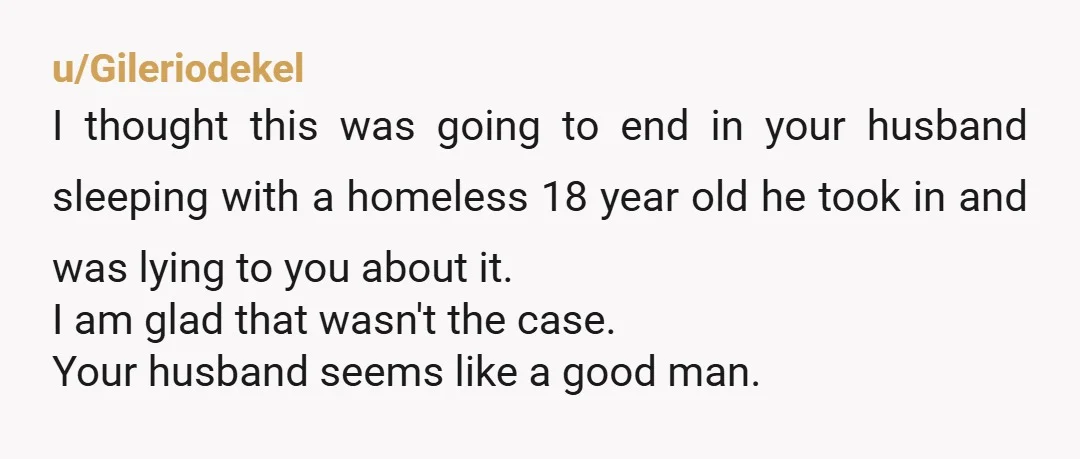 u/Gileriodekel I thought this was going to end in your husband sleeping with a homeless 18 year old he took in and was lying to you about it. I am...